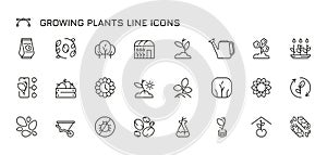 Growing plants line icons. Organic agriculture and gardening tools, seeds, seedling and tree branches. Vector flat set