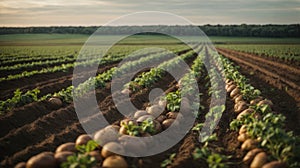 Growing potatoes in rows in the field.