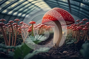 Growing row of organic poisonous red mushrooms, fly agaric in greenhouse on farm. Mushroom cultivation, gardening, science