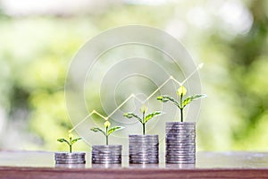 Growing saplings on a coin stack include a graph showing financial growth.