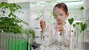 Growing Seedling Plants, Child Planting, in Chemistry Laboratory School Kid in Science Lab Student Girl Studying Biology in Class