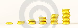 Growing stacks of gold coins 3d render. Financial success concept with money growth graph. Business investment, stock