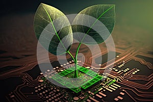 Growing tree on the converging point of a computer circuit board.