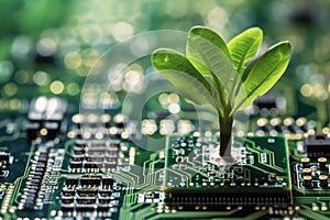Growing tree on the converging point of computer circuit board, Green Technology, Green IT, Environment technology