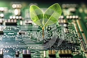Growing tree on the converging point of computer circuit board, Green Technology, Green IT, Environment technology