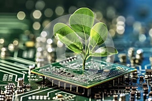 Growing tree on the converging point of computer circuit board, Green Technology, Green IT, Environment technology