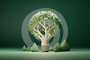 Growing Tree Inside Light Bulb on Green Studio Background Saving Energy and Eco.