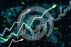 Growing upward arrows, map and forex chart on dark wallpaper. Global trends, trading and finance concept.