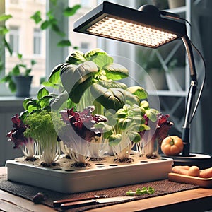 growing vegetables using a phytolamp isolated on home room background