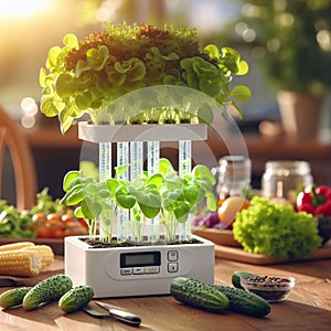 growing vegetables using a phytolamp isolated on home room background