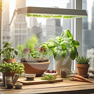 growing vegetables using a phytolamp isolated on home room background