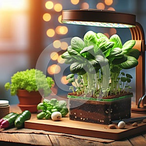 growing vegetables using a phytolamp isolated on home room background