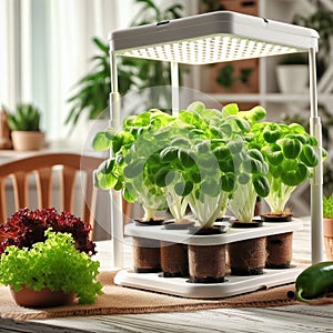 growing vegetables using a phytolamp isolated on home room background