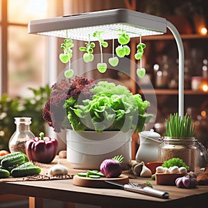 growing vegetables using a phytolamp isolated on home room background