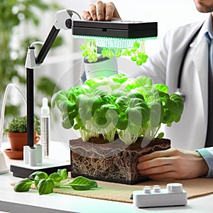 growing vegetables using a phytolamp isolated on home room background