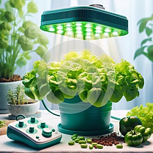 growing vegetables using a phytolamp isolated on home room background