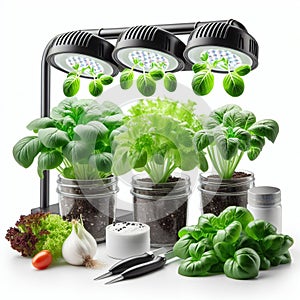 growing vegetables using a phytolamp isolated on a white background