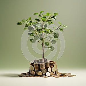 Growing Wealth: Coins and Dollar Notes on Tree AI Generated