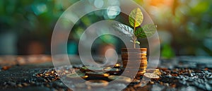 Growing Wealth: Coins and Plant with Market Backdrop. Concept Wealth Creation, Financial Growth,