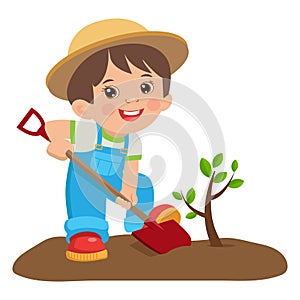 Growing Young Gardener. Cute Cartoon Boy With Shovel. Young Farmer Planting A Tree.