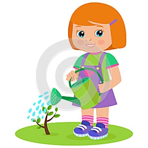 Growing Young Gardener. Cute Cartoon Girl With Watering Can.