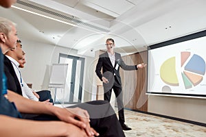 Growing your Business. Full-length shot of young male speaker with headset in suit presenting a chart on the screen