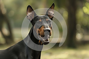 growling doberman pinscher, ears erect, standing stiffly photo