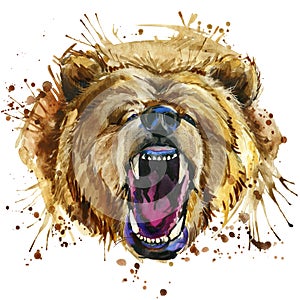 Growling grizzly bear T-shirt graphics. bear illustration with splash watercolor textured background. unusual illustration waterc