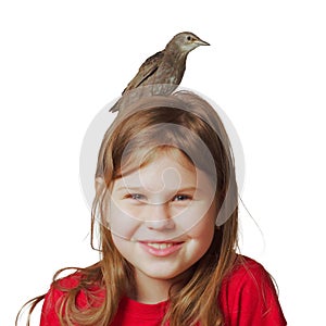 Grown up starling nestling sitting on head of joyful little girl. Portrait of smiling child isolated on white.