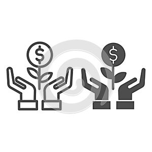 Grows plant in care hands line and solid icon. Money holding flower symbol, outline style pictogram on white background