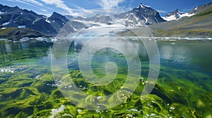 The growth of algae and bacteria blooms in melting glacial water altering the composition of freshwater ecosystems and