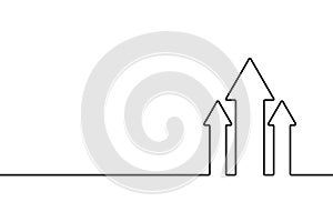 Growth arrow up. Grow upward chart. Black continuous line isolated white background. Hand drawn business. Hands three arrows