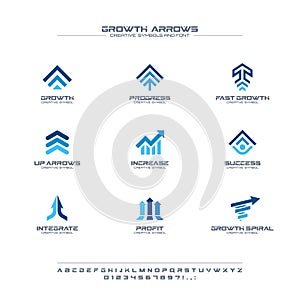 Growth arrows creative symbols set, font concept. Finance profit, bank, stock market abstract business logo. Increase
