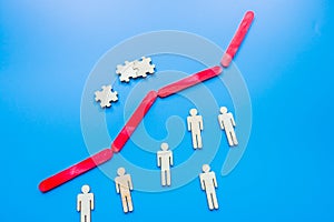 Growth bar chart, Graph diagram made with wooden sticks isolated on blue background and space for text. Business progress strategy