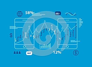 Growth bar graph and stock charts on two tablet screen