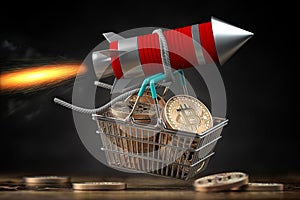Growth of bitcoin BTC price concept. Rocket with shopping basket full of bitcoin coins launchs photo