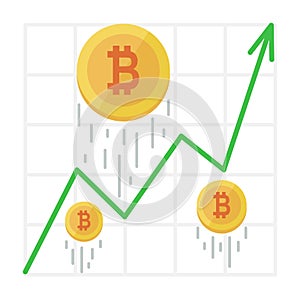 Growth bitcoin graph. Cryptocurrency income chart. Virtual money trade success. Vector illustration