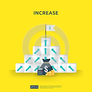 Growth business increase concept with stacking block. step stair ladder with arrow up vector illustration for success process,