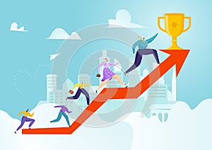 Growth business success to leadership cup, vector illustration. Flat achievement to gold businessman woman people winner