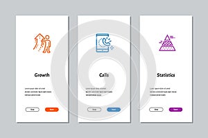 Growth, Calls, Statistics onboarding screens