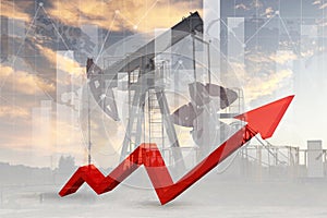 Growth chart with an arrow and an increase in crude oil production prices on the exchange market. Oil pump against the backdrop of