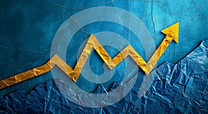 Growth chart of a business with a yellow graph on a blue background, in the metallic texture, zigzags, graphics.