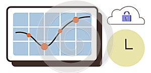 Data analytics dashboard with growth chart, cloud security, and time management visualization