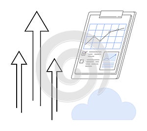 Growth Chart with Upward Arrows and Cloud Representing Business Progress and Data Analysis