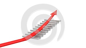Growth diagram with red arrow going up on staircase in success business strategy, marketing or trade stock market concept. 3d