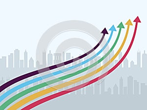 The growth of financial indicators in the city. Income sales progress price chart success investment. Vector stock illustration