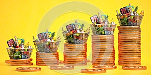 Growth of food sales or growth of market basket or consumer price index concept. Shopping basket with foods with coin stacks on