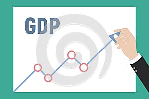 Growth GDP concept. Government budget, public spending. Businessman raises up arrow graphics. Increment in annual financial budget