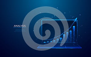Growth graph chart on a laptop screen on technology blue background.