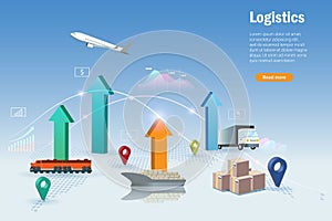 Growth graph of global logistics transportation on airfreight, seafreight, train, truck and distribution network connecting. High